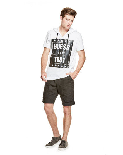 guess男装 定制慵懒随意男神范guess 17男士连帽系带拼贴logo短袖上衣