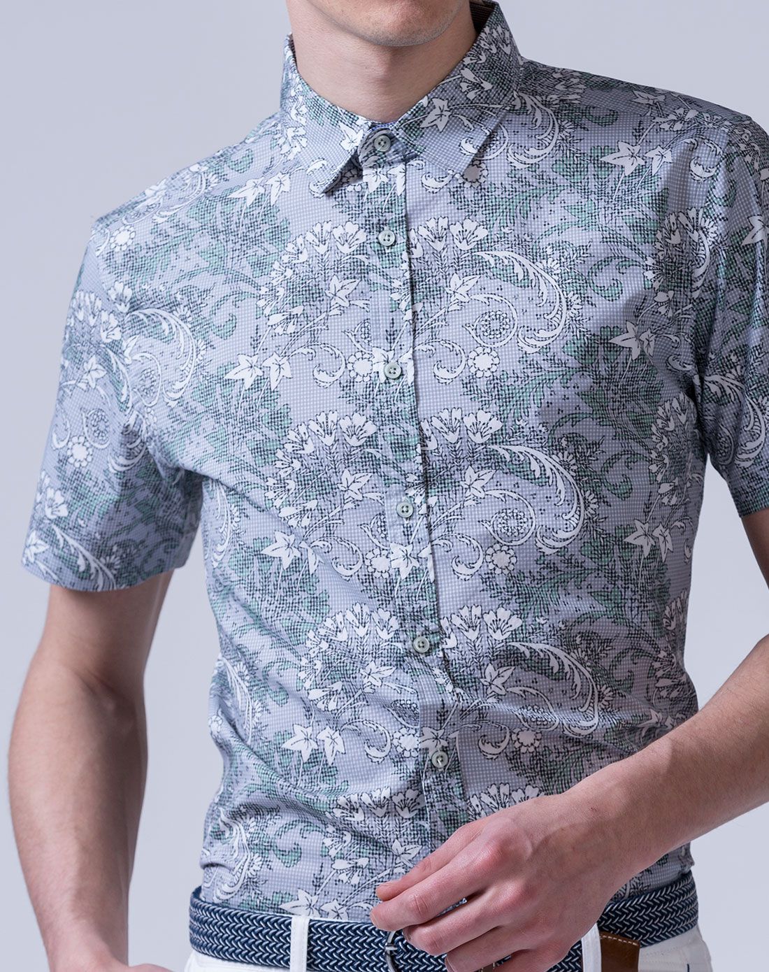 男士绿灰印花时尚休闲短袖衬衫