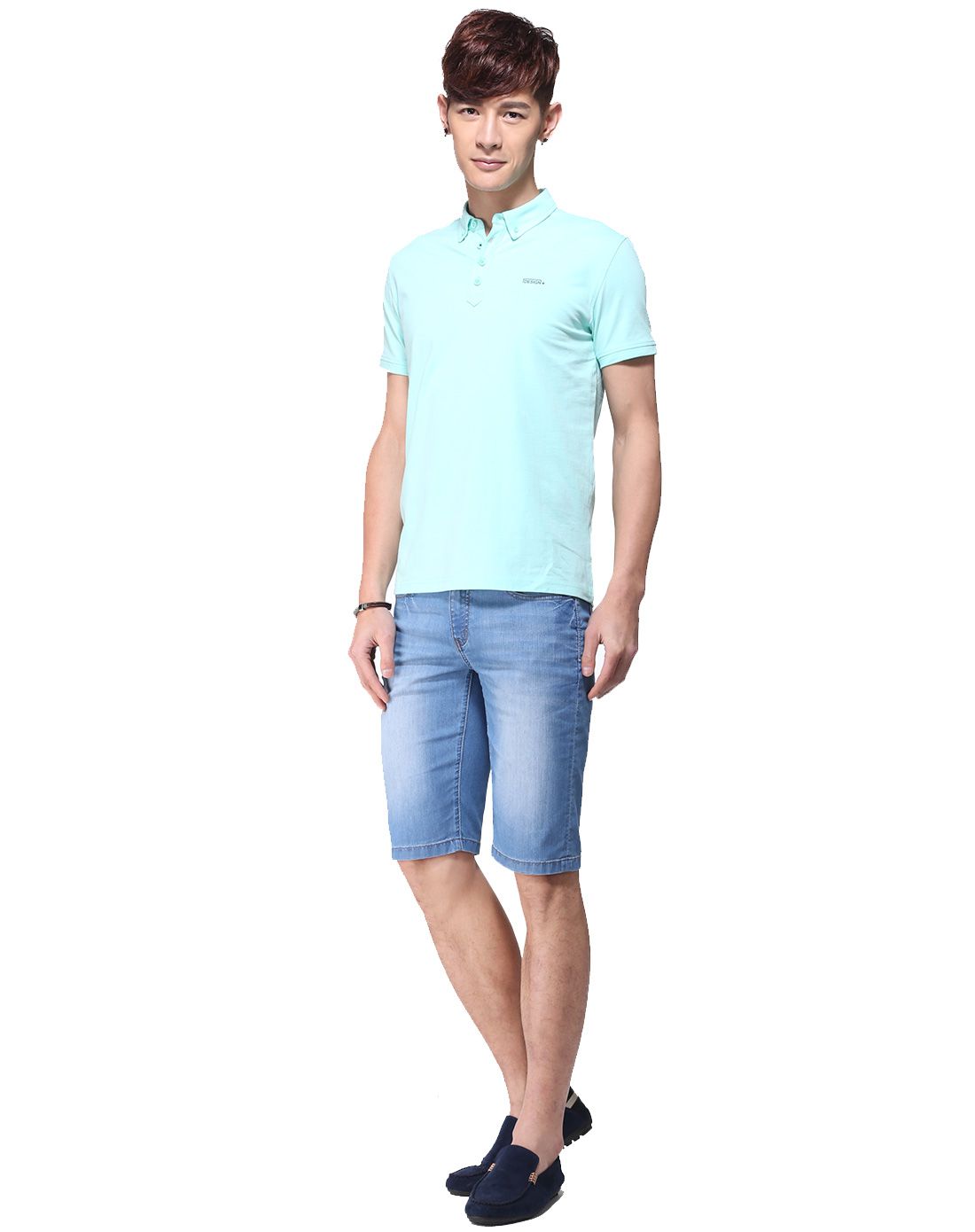 男装薄荷绿弹性反领净色短袖t恤