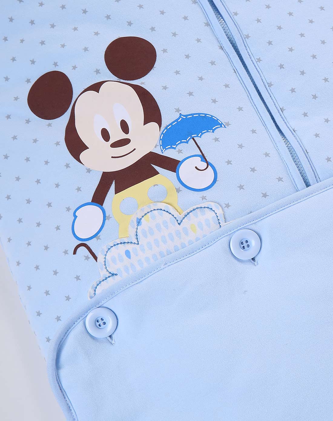 男童浅蓝米奇卡通大联盟针织加厚加兜脱袖成长睡袋120*50cm