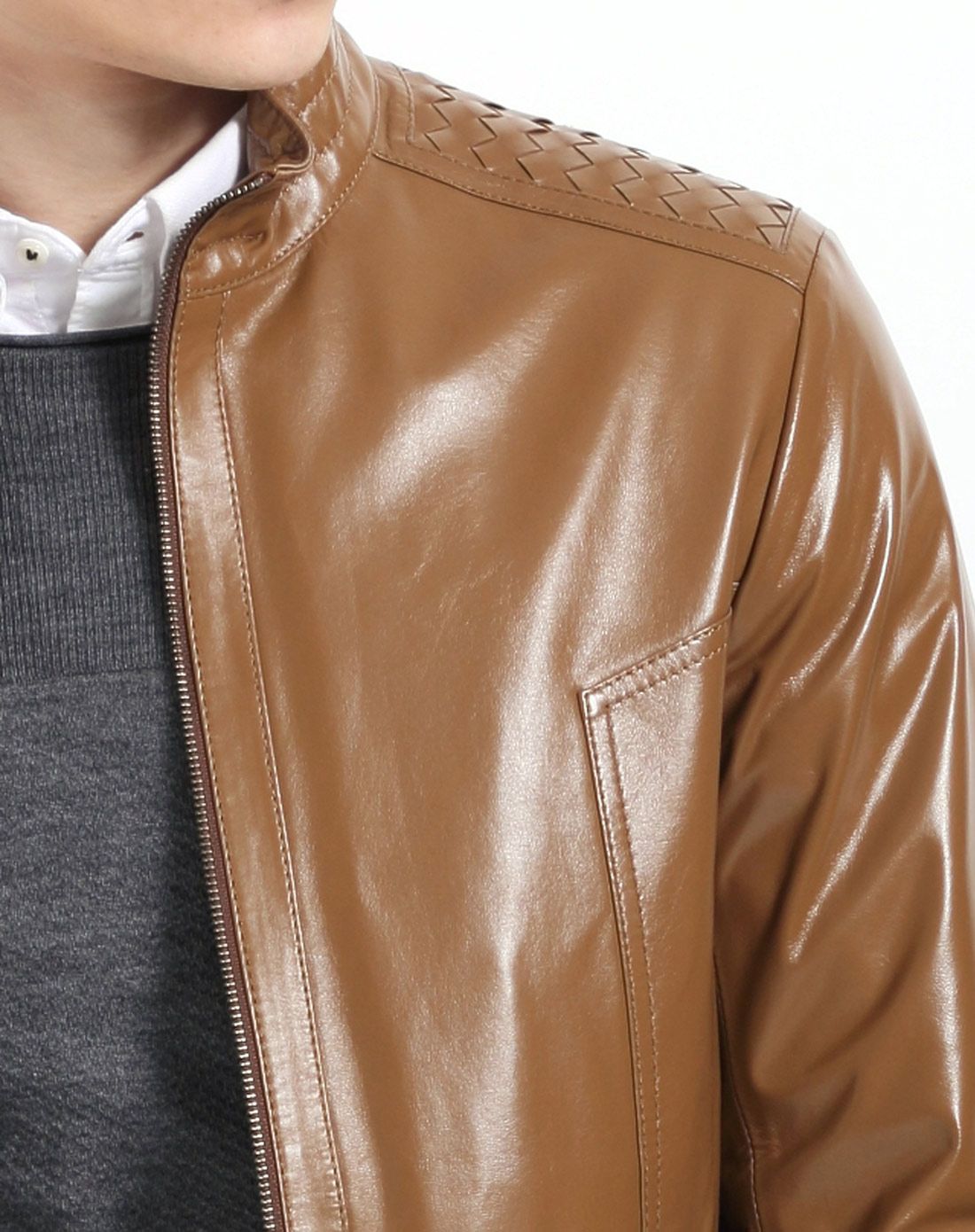 咖色进口绵羊皮立领短款皮衣