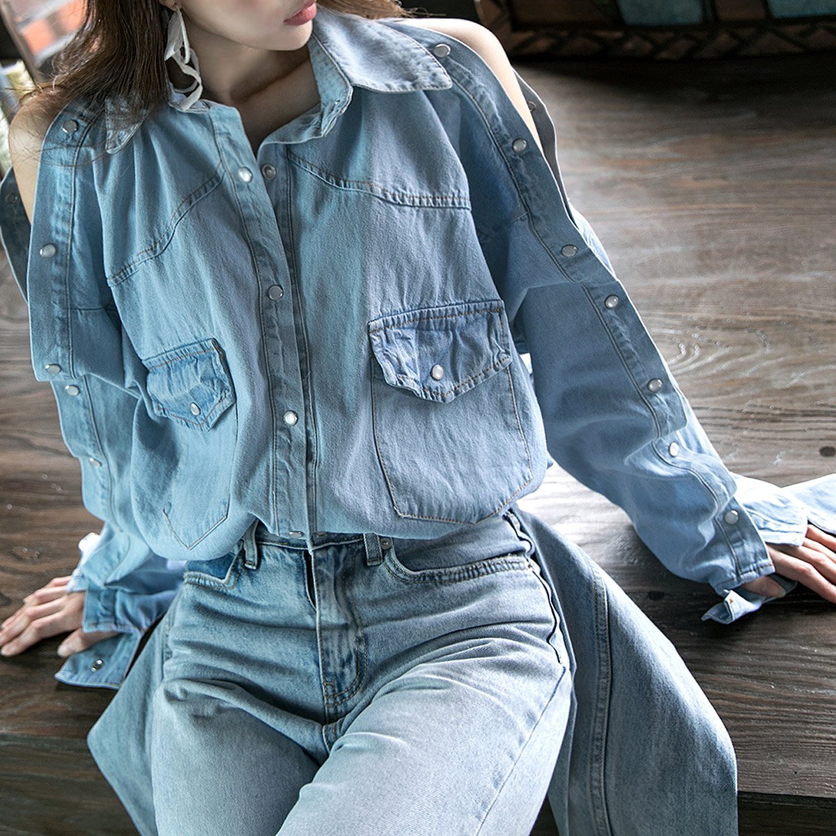 dint 2018秋冬新品 翻领敞开式长袖牛仔衬衫