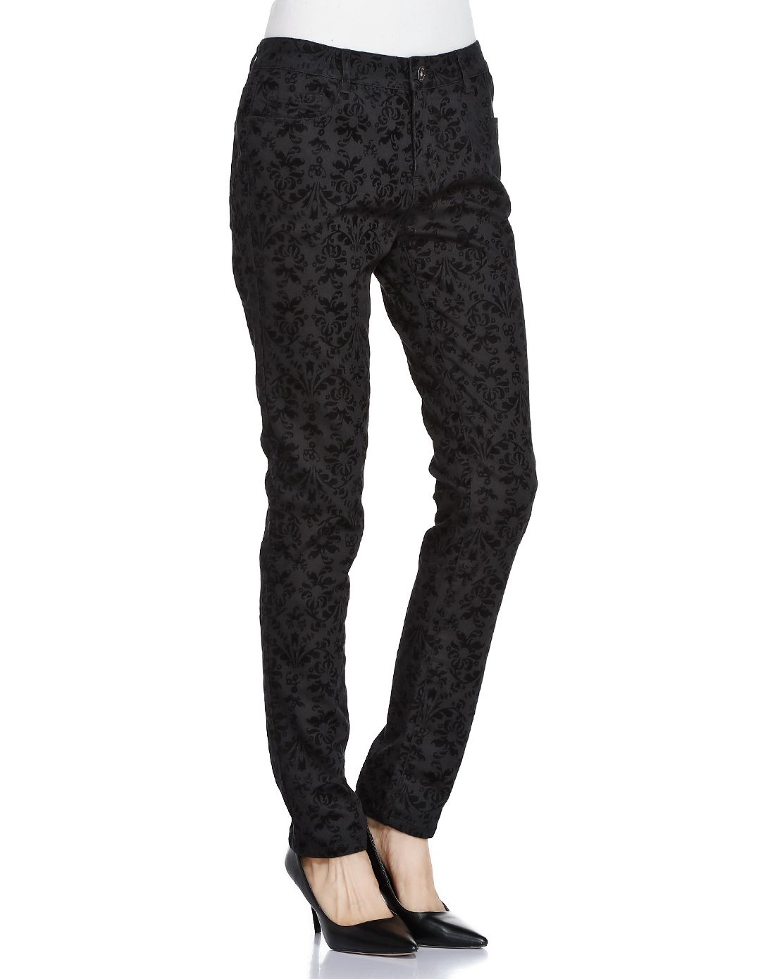 黑色灯芯绒提花长裤