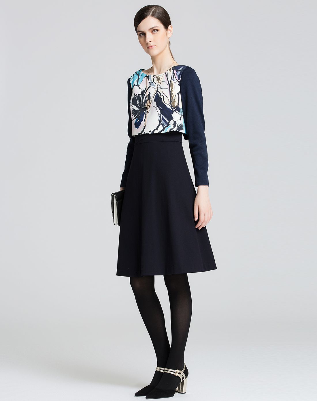 悠然秋意 歌力思ellassay女装 简约优雅假两件印花气质长袖连衣裙e153