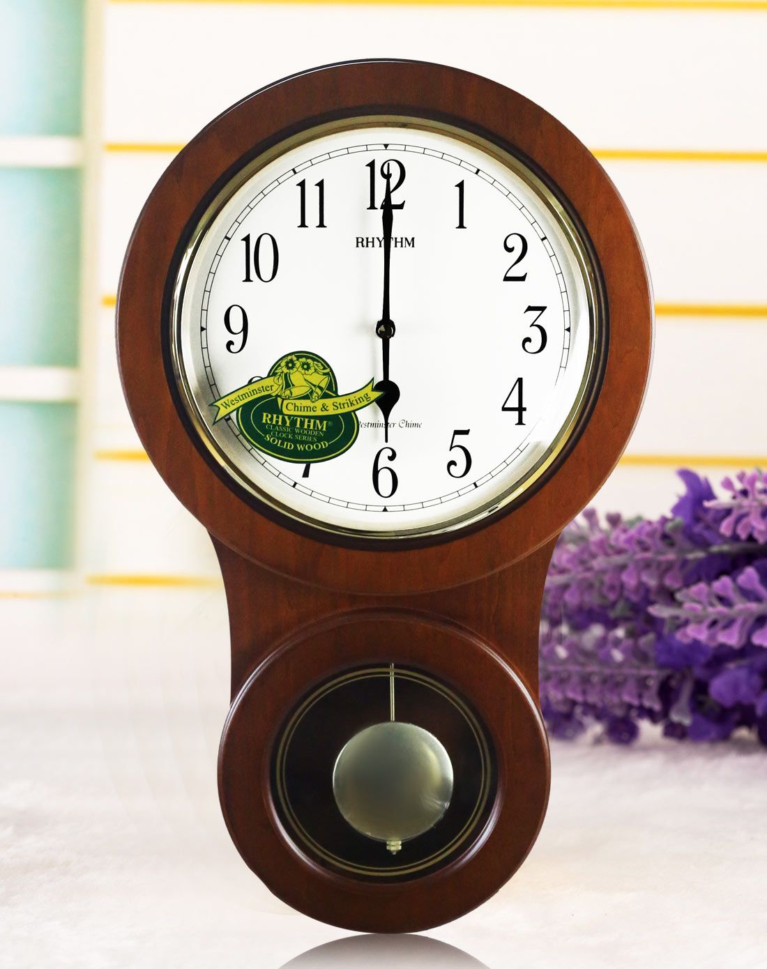 rhythm丽声 音乐报时静音客厅实木石英挂钟