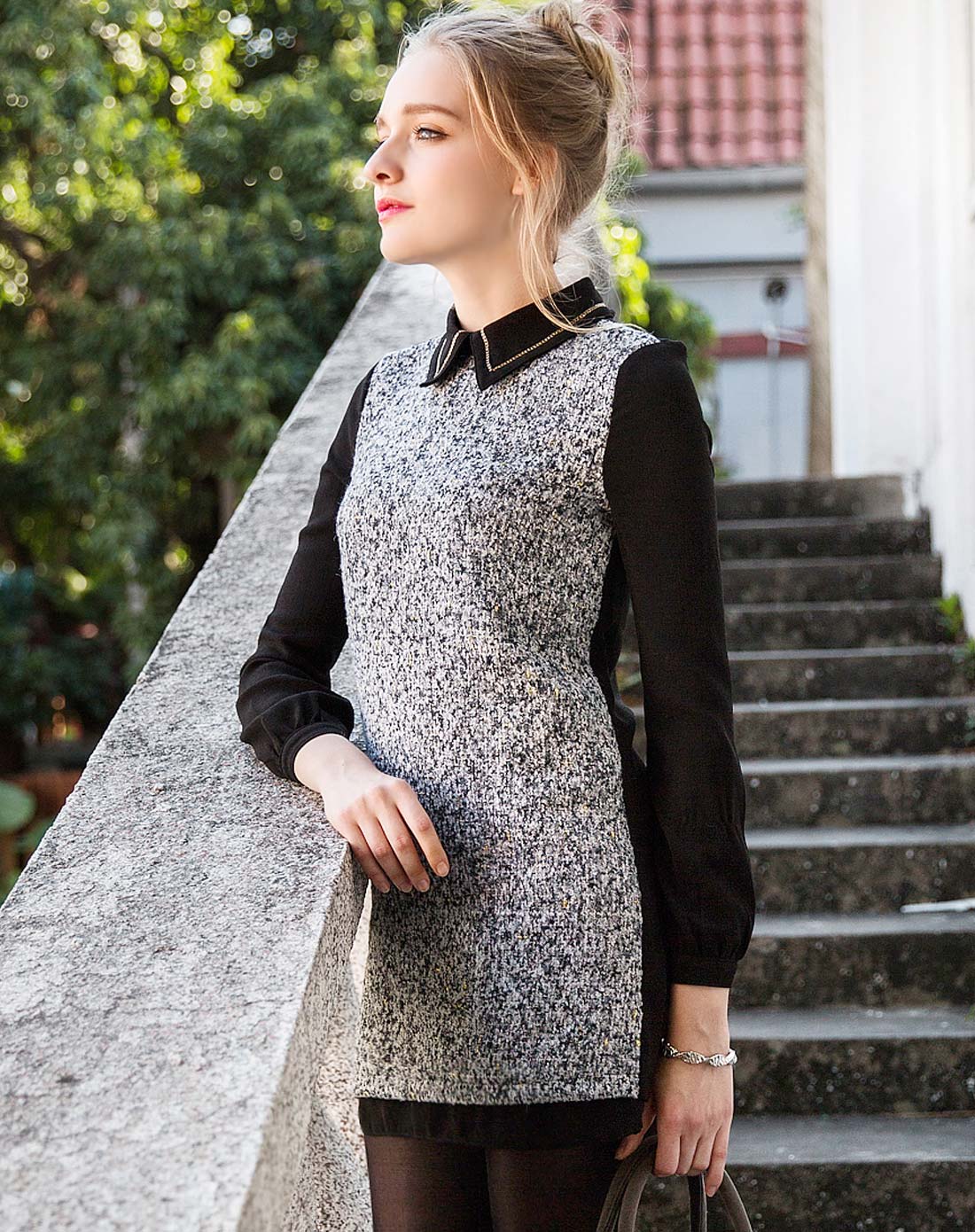 尼班诗nibbuns女装专场 黑色长袖拼接修身连衣裙