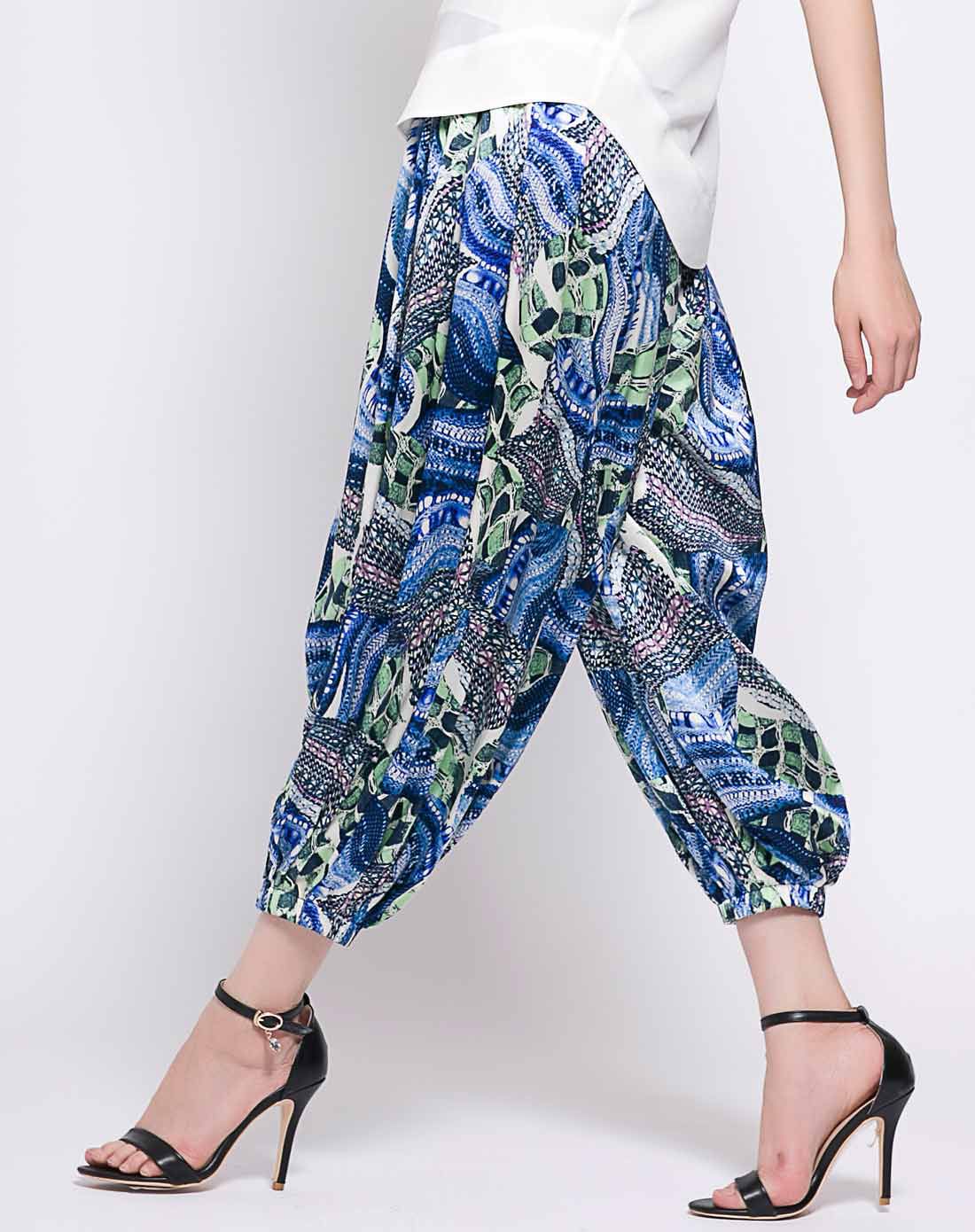 真丝花色松紧腰头奢华大牌灯笼裤