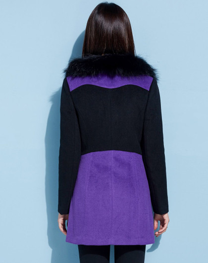紫黑拼接双排扣毛呢外套