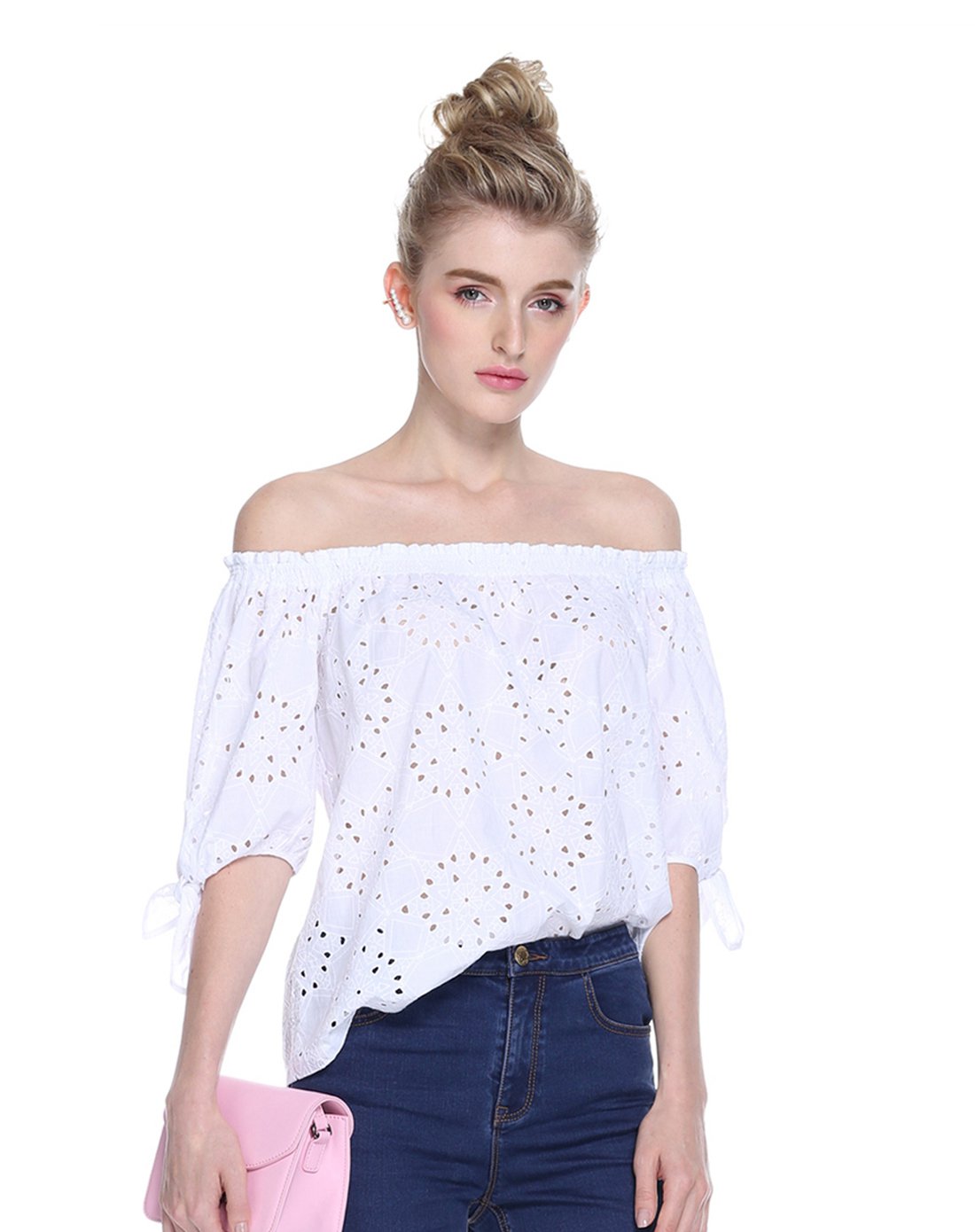 纯棉宽松镂空一字领泡泡袖衬衫