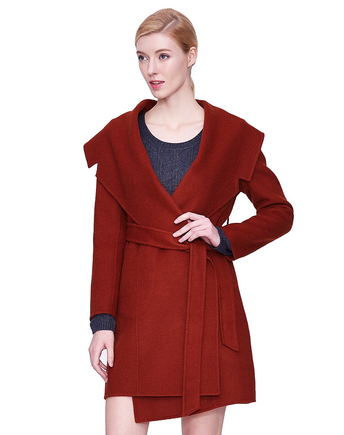 红咖色潇洒大气长袖长款羊毛大衣