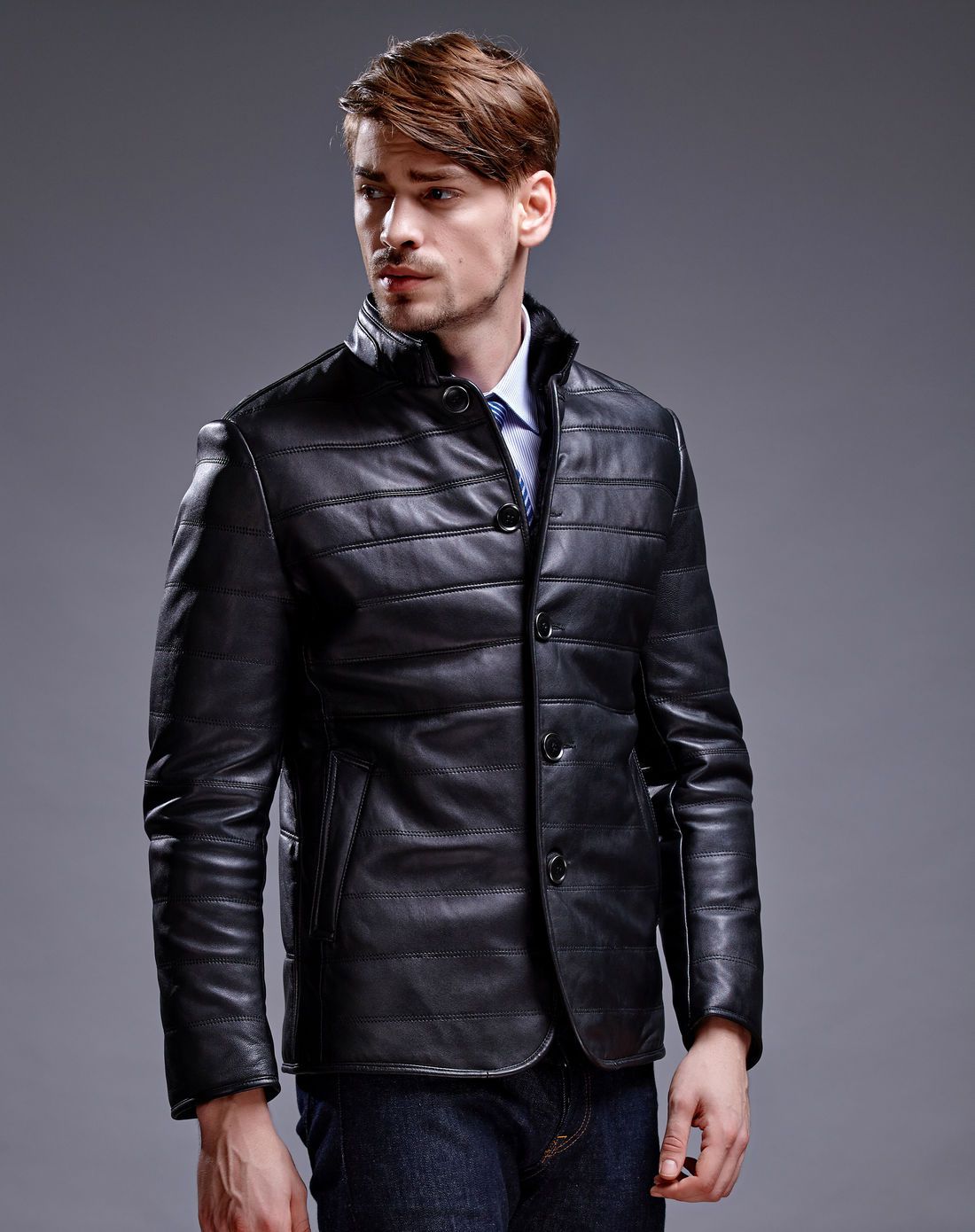 男款黑色绵羊皮夹棉皮衣