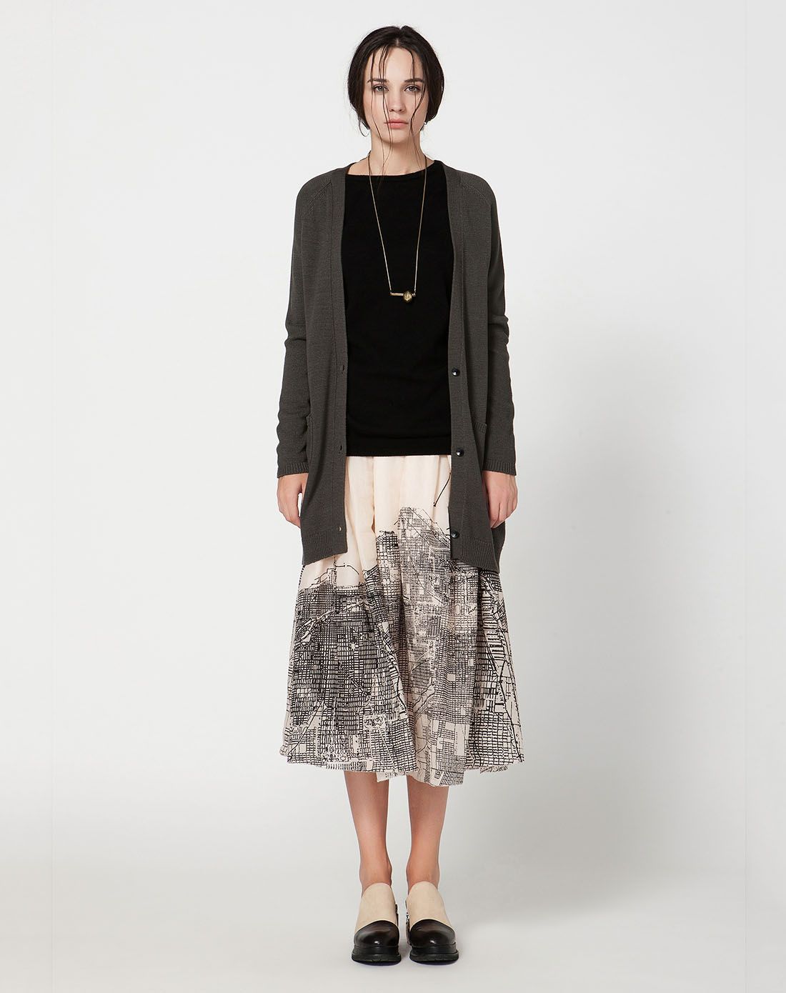 黛绿纯棉v领休闲中长开衫