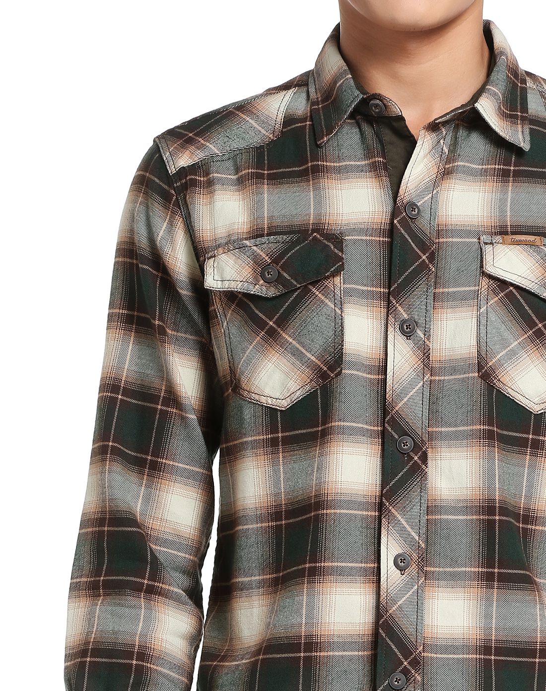 texwood男女装男款卡其/墨绿色休闲格子长袖衬衫9626071aov0_唯品会