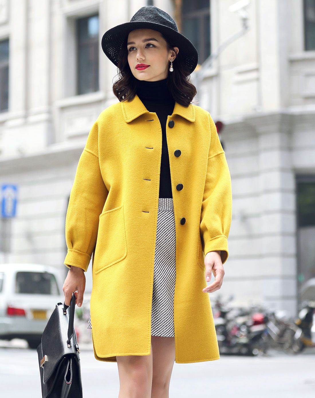 赤金色落肩开叉时尚羊毛毛呢大衣