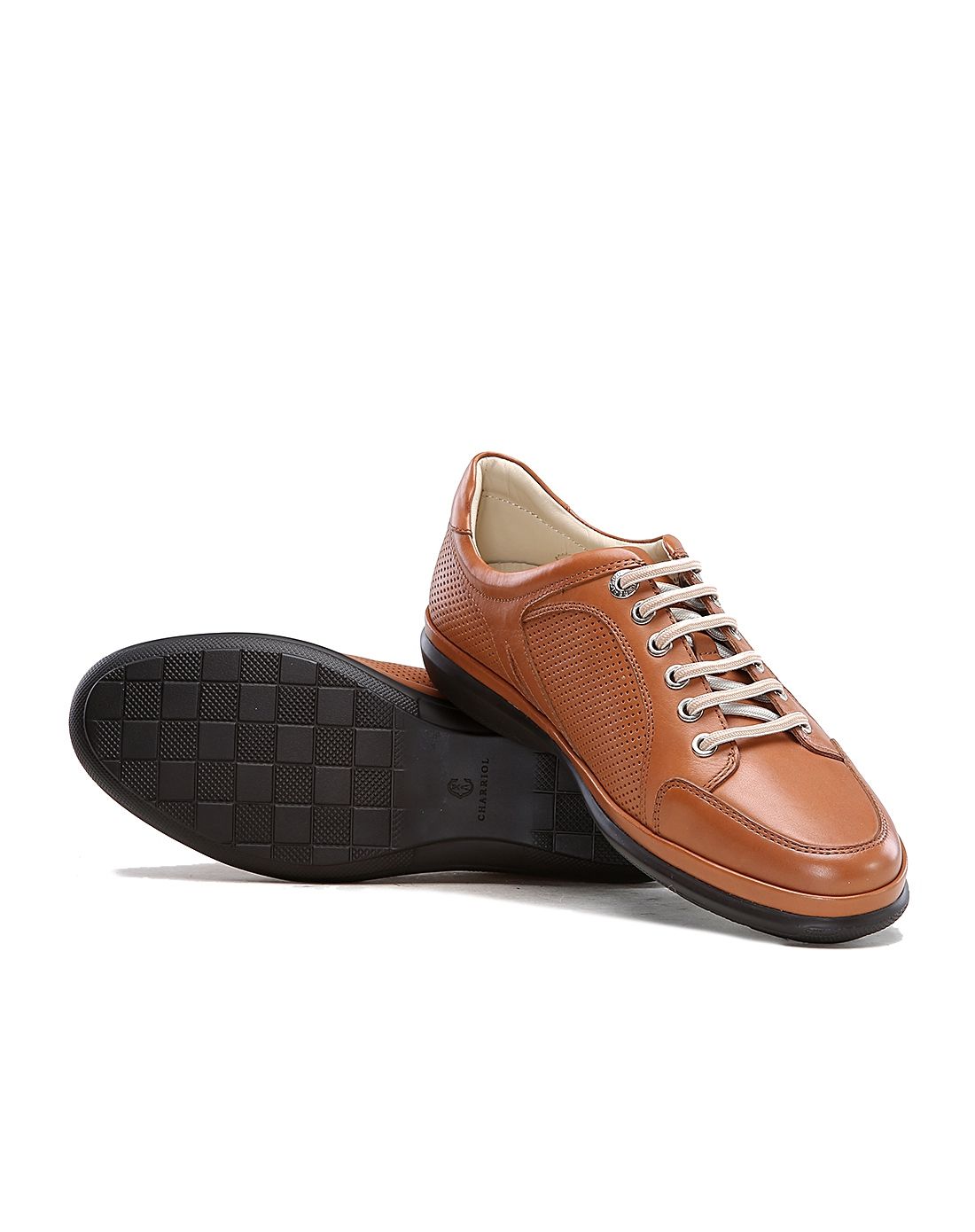 法国夏利豪 黄棕色牛皮运动休闲单鞋