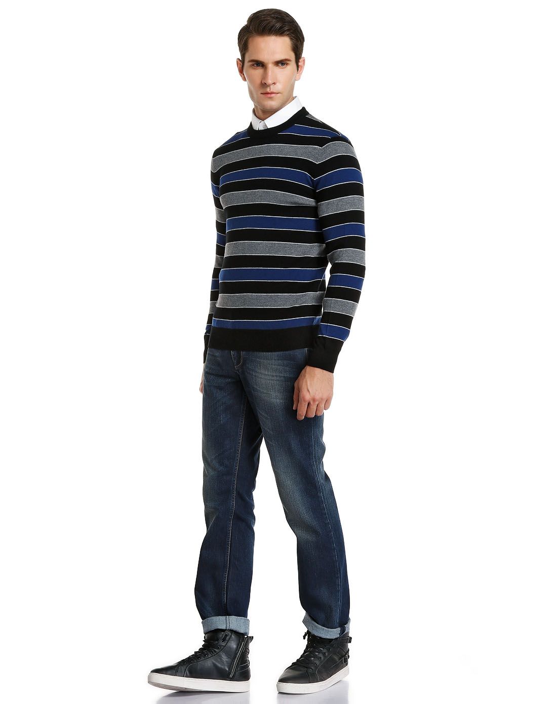 丹尼爱特daniel hechter男装专场 蓝/黑色帅气条纹舒适长袖羊毛衫