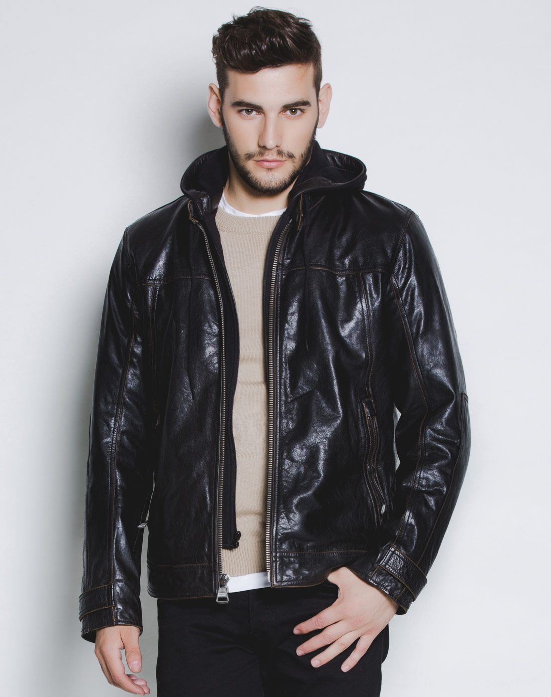 andrewmarc男款黑色帅气绅士可脱卸帽长袖皮衣