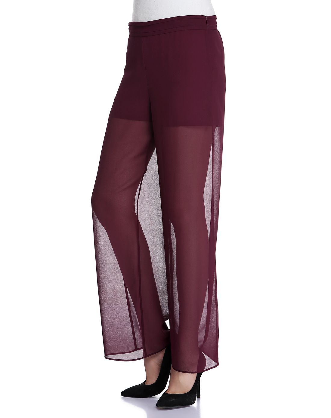 酒红色独特时尚透视休闲裤