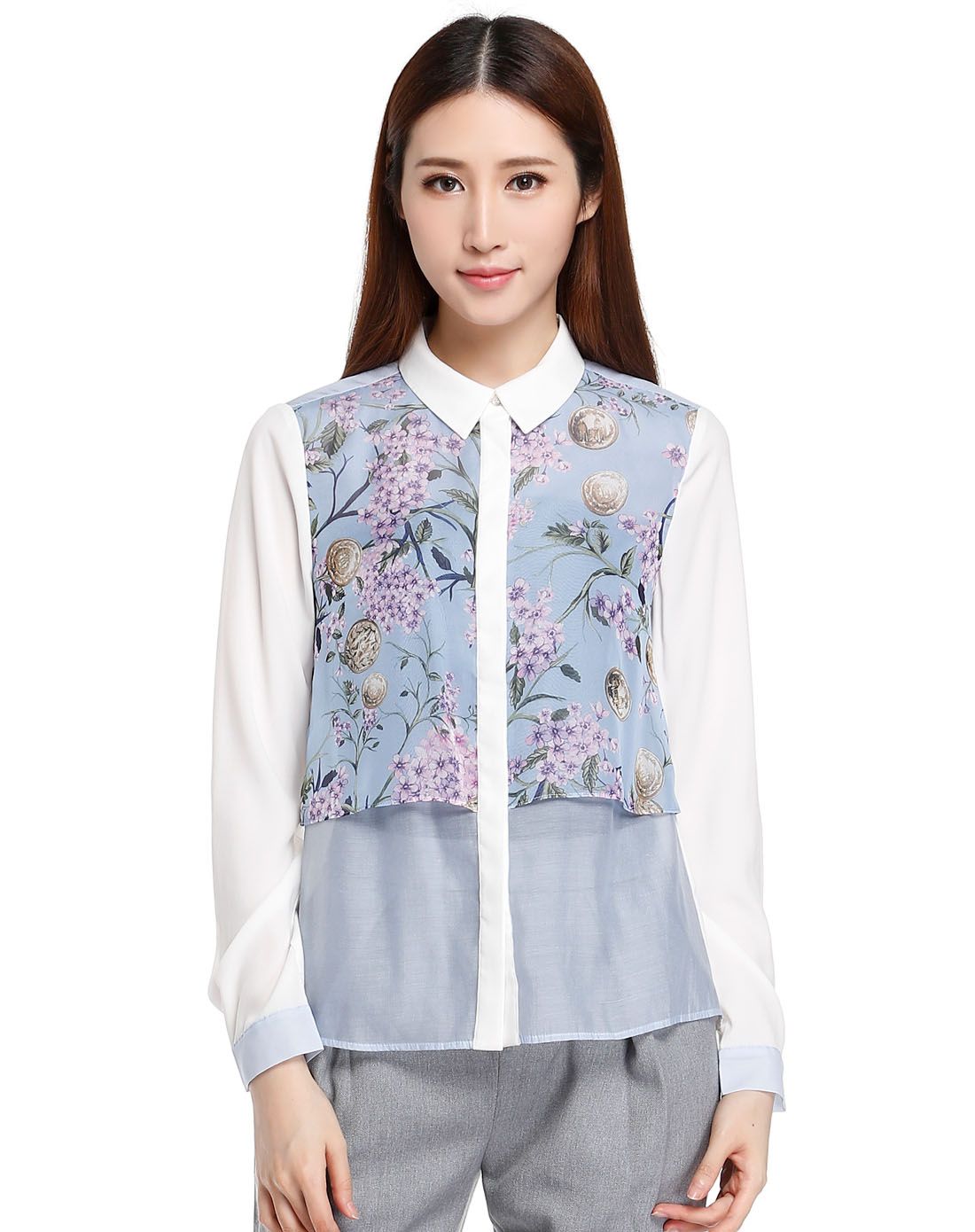 丽丽lily浅紫蓝/白色优雅印花长袖衬衫114320h430281_唯品会