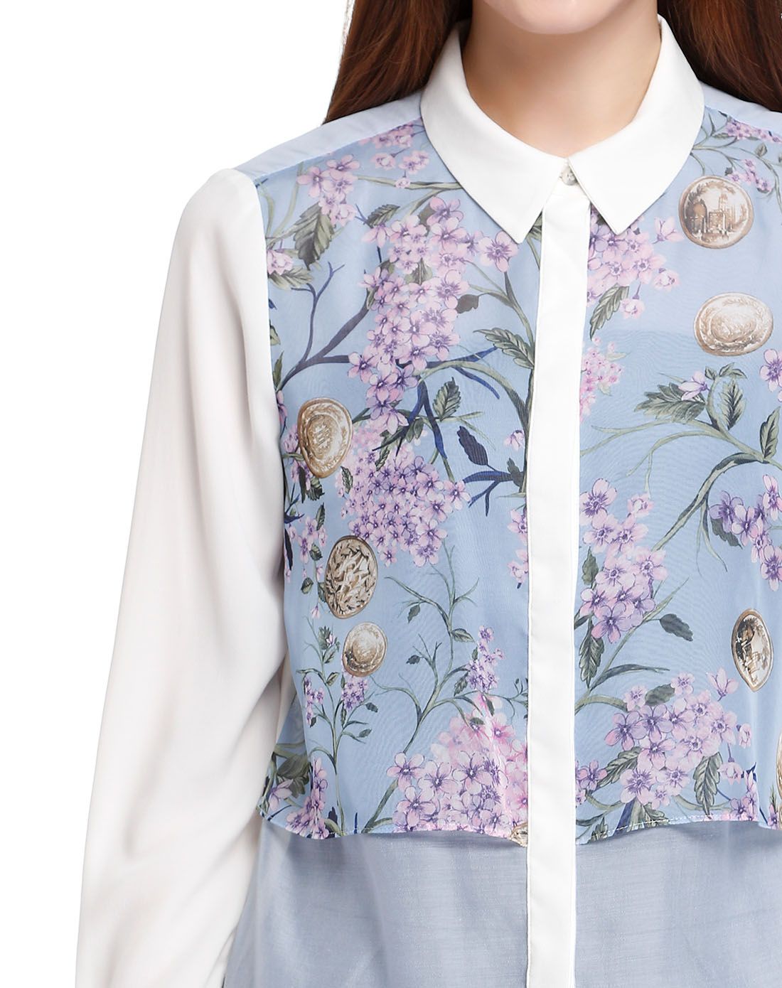 丽丽lily浅紫蓝/白色优雅印花长袖衬衫114320h430281_唯品会