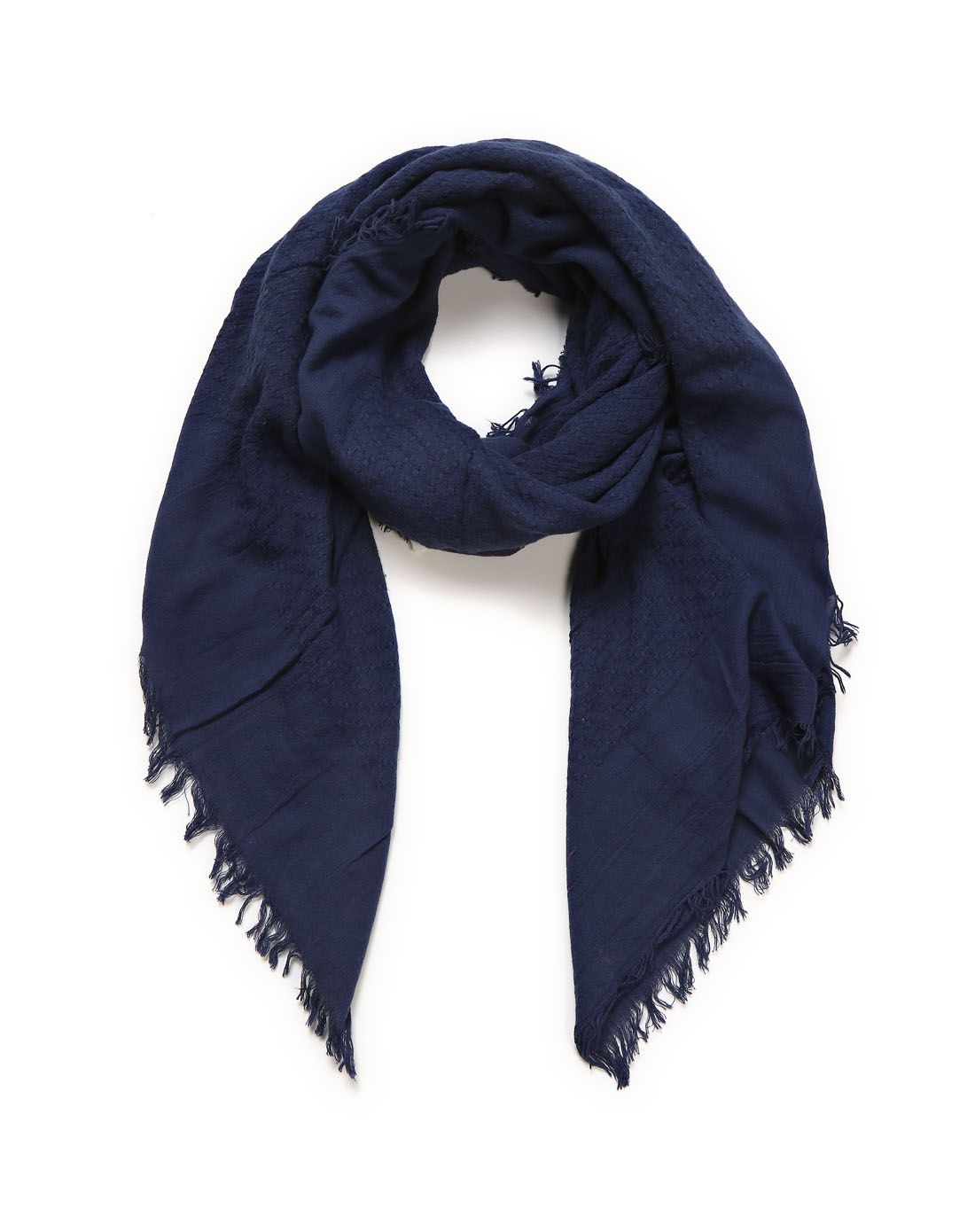 accessory textile女款藏蓝色编织纹流苏边围巾