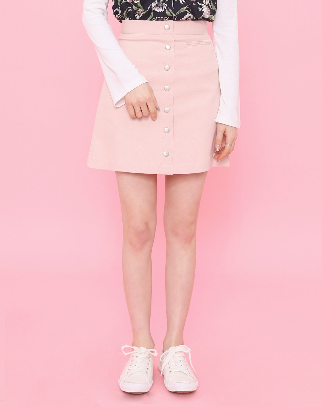 twee前排纽扣修身迷你短裙粉色