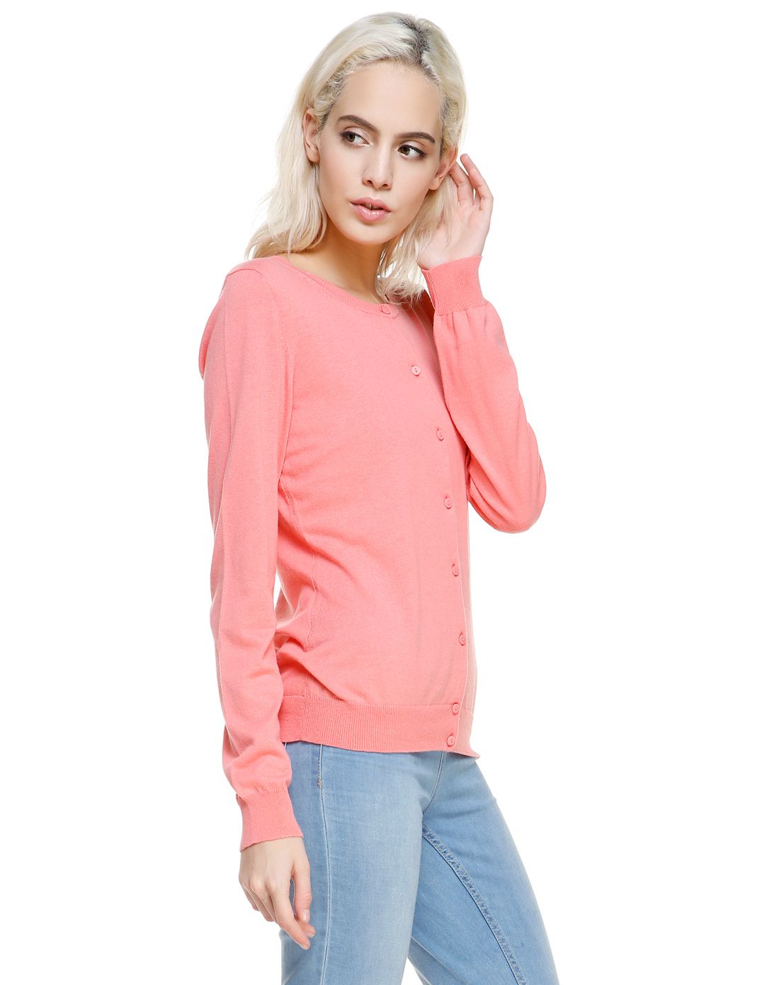 maille femme gl paris女款橙粉色简约全棉长袖针织开衫