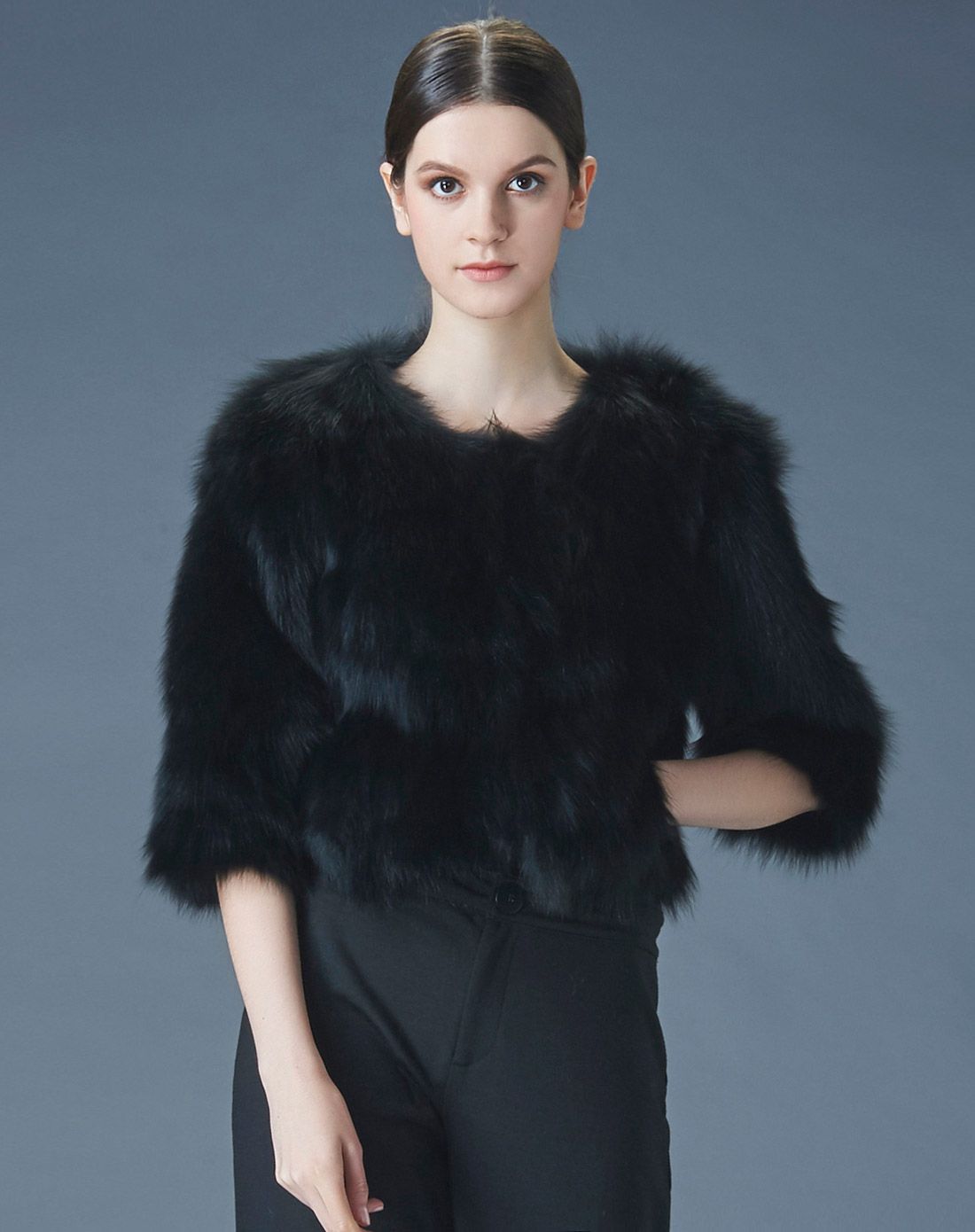 奢华黑色圆领基础款女款狐狸毛外套