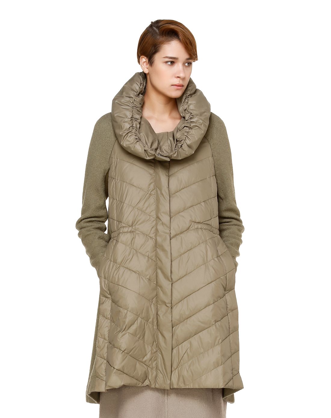 灰绿色摩登连帽长袖长款大衣