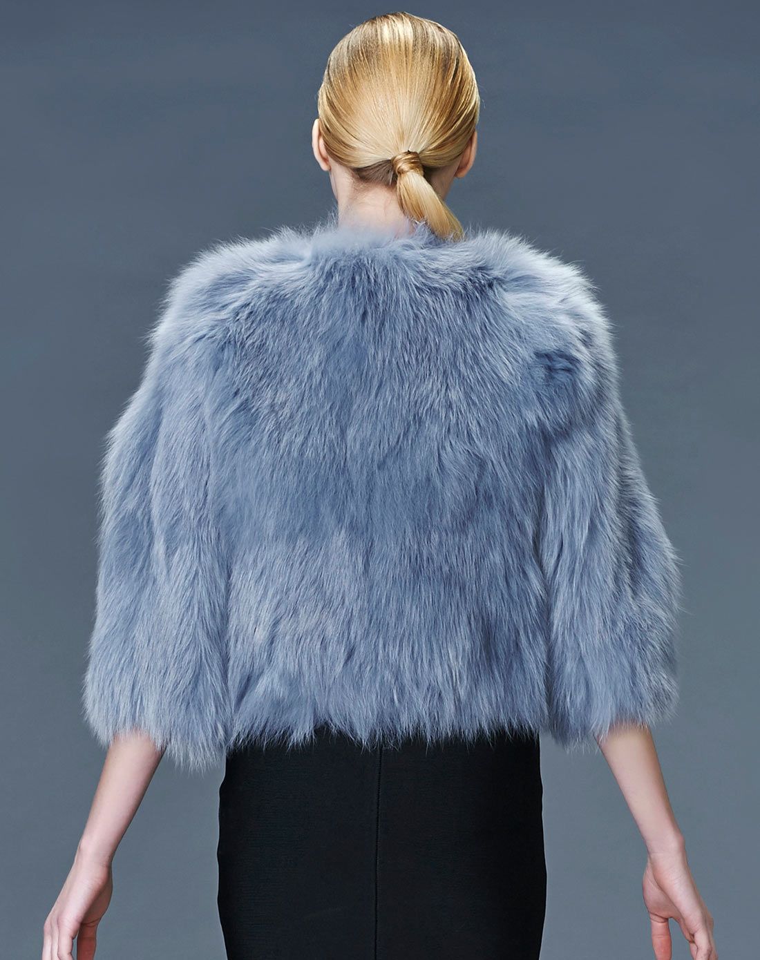 女款蓝灰色基础圆领狐狸毛皮草外套