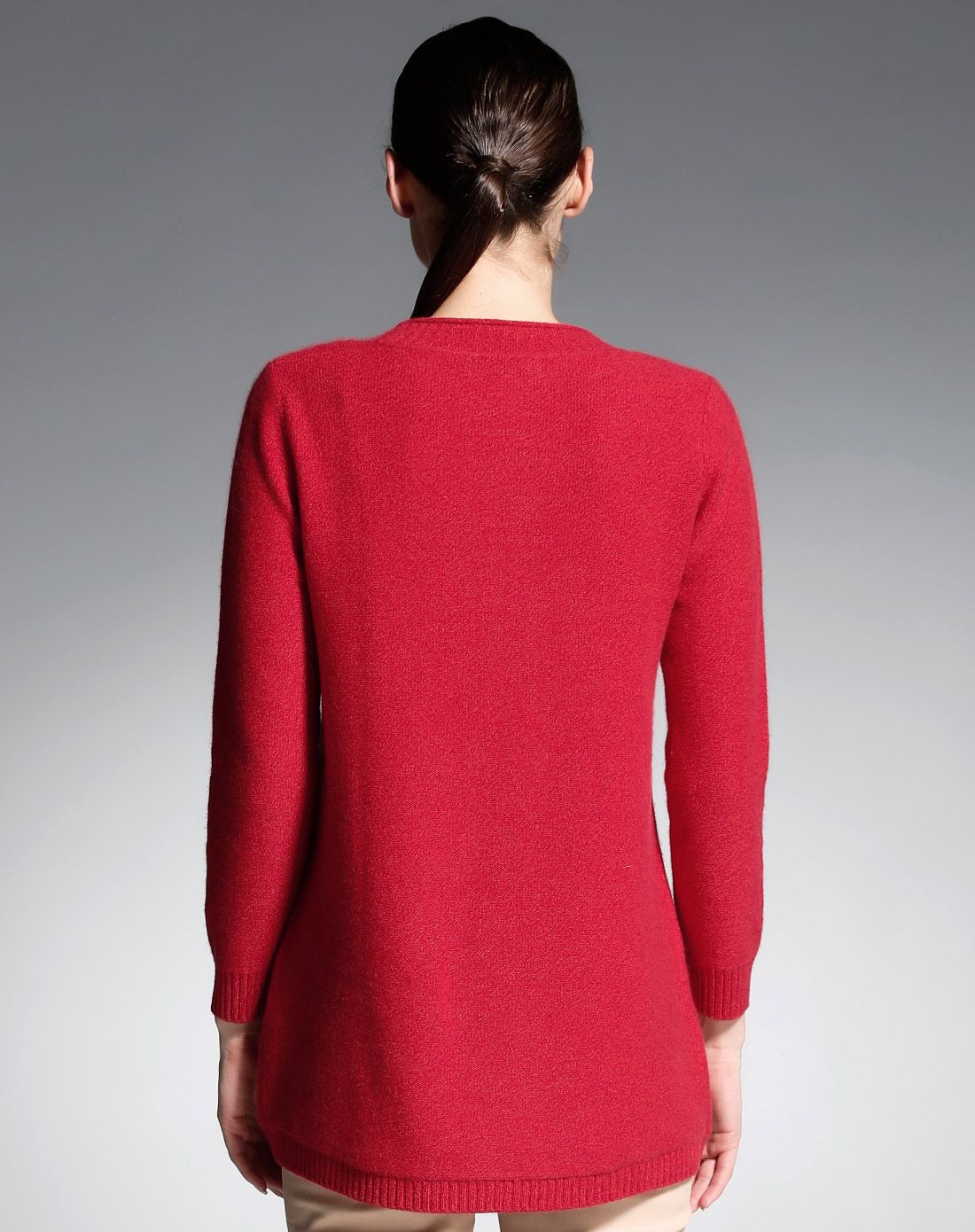 女士茜红大红圆领加长羊绒女衫