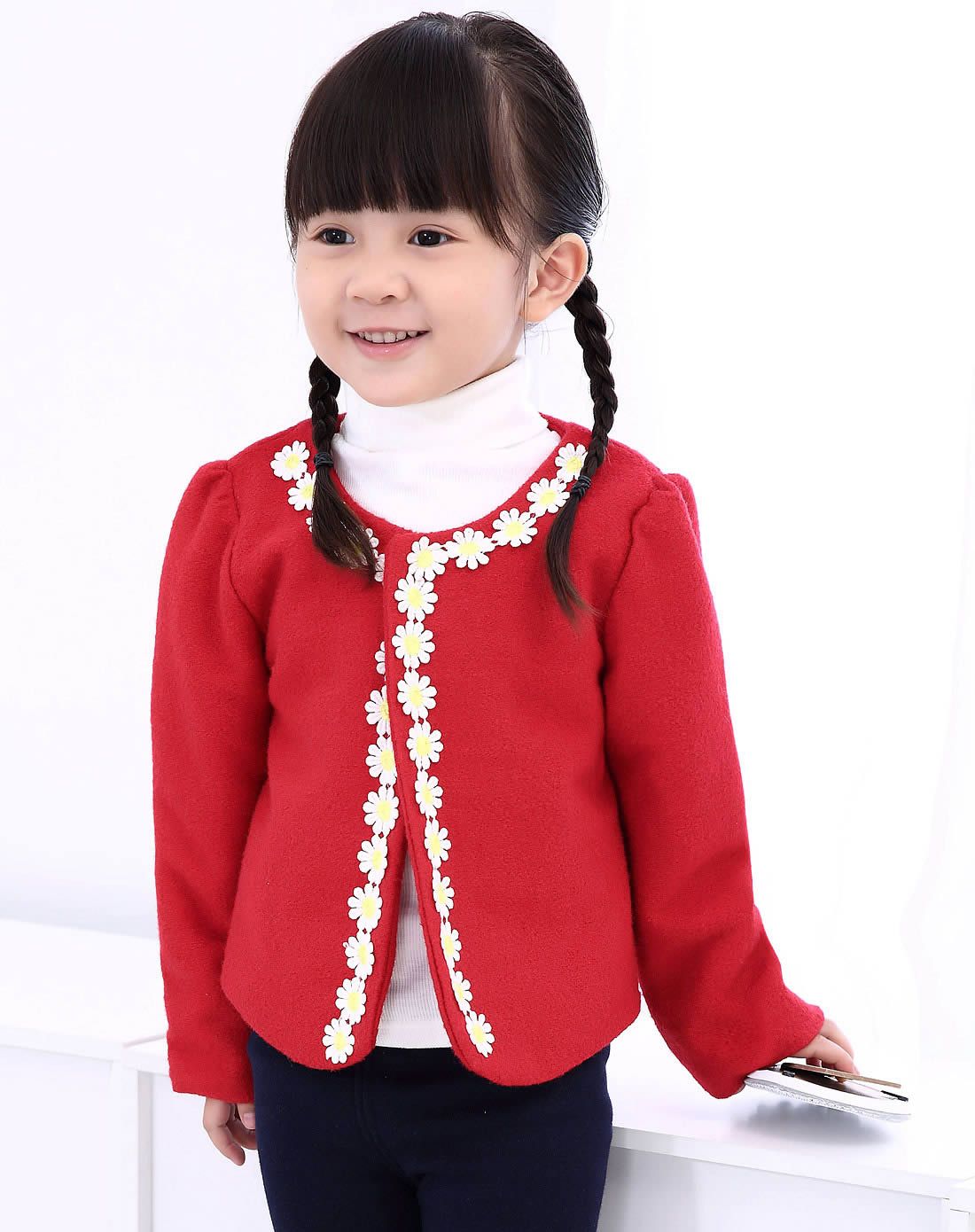 女童红色花朵镶边羊毛短外套