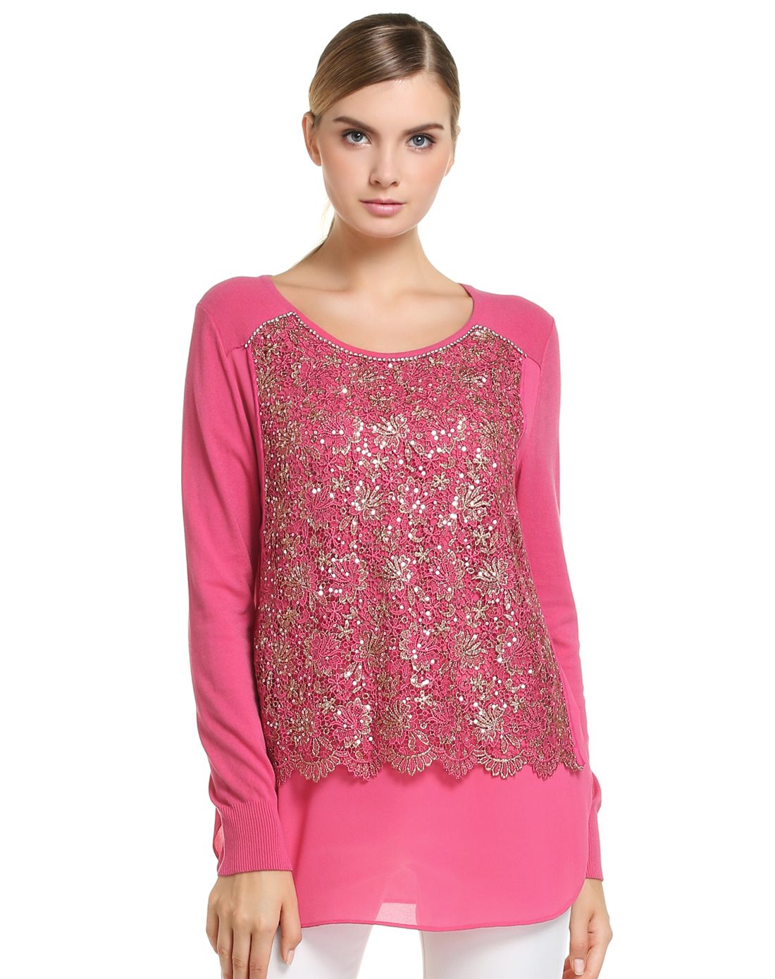 深粉红色时尚百搭长袖针织衫