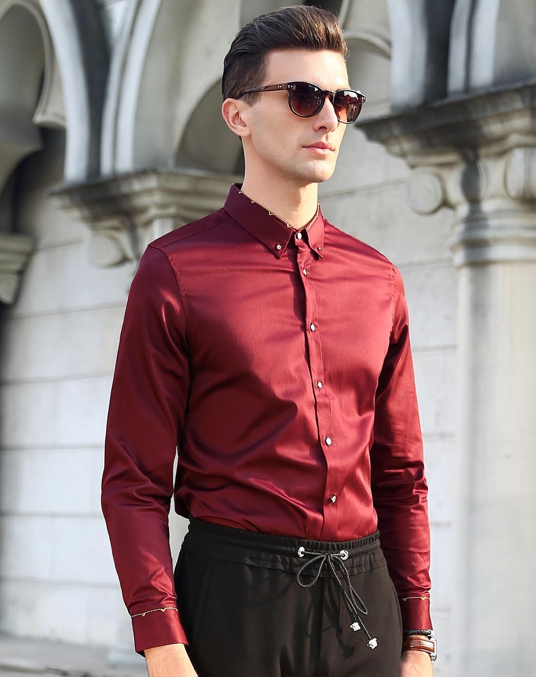 莫畏轻奢男士酒红色商旅长袖衬衫