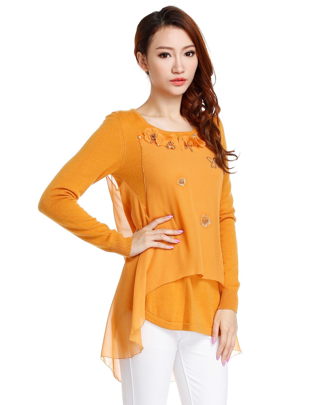 深橘黄色优雅圆领长袖长款针织衫