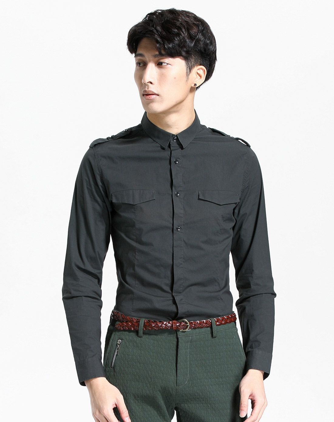 男款深绿修身长袖衬衫