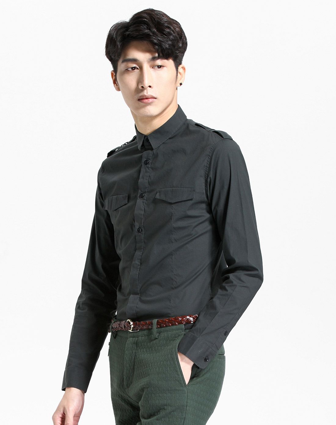 男款深绿修身长袖衬衫