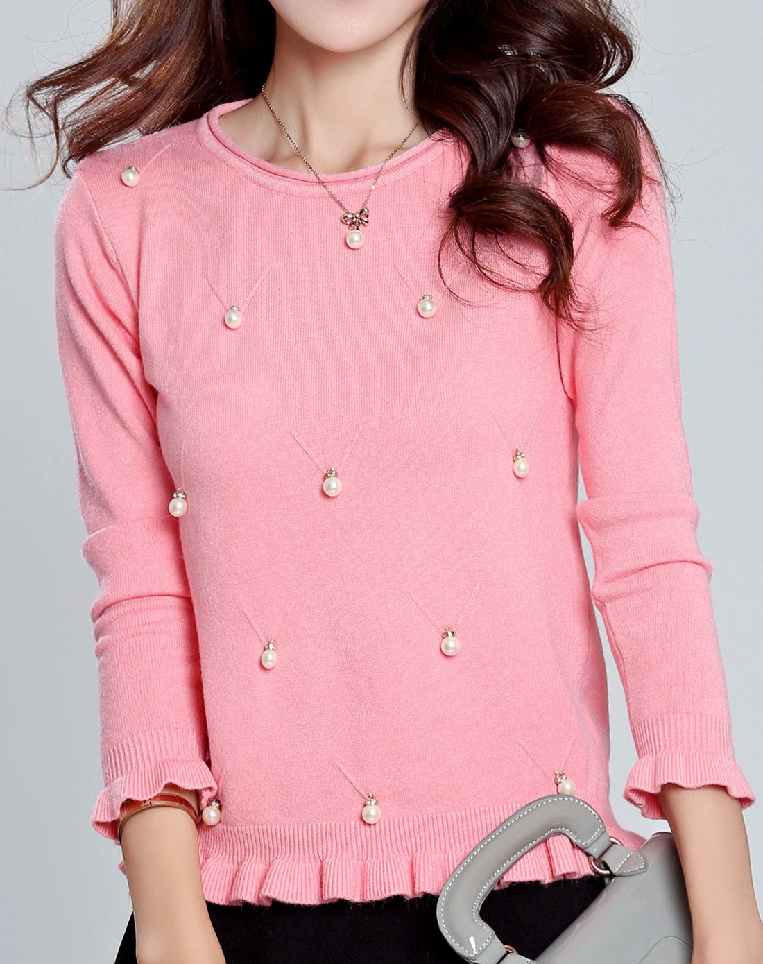 粉红色花边袖钉珠针织衫