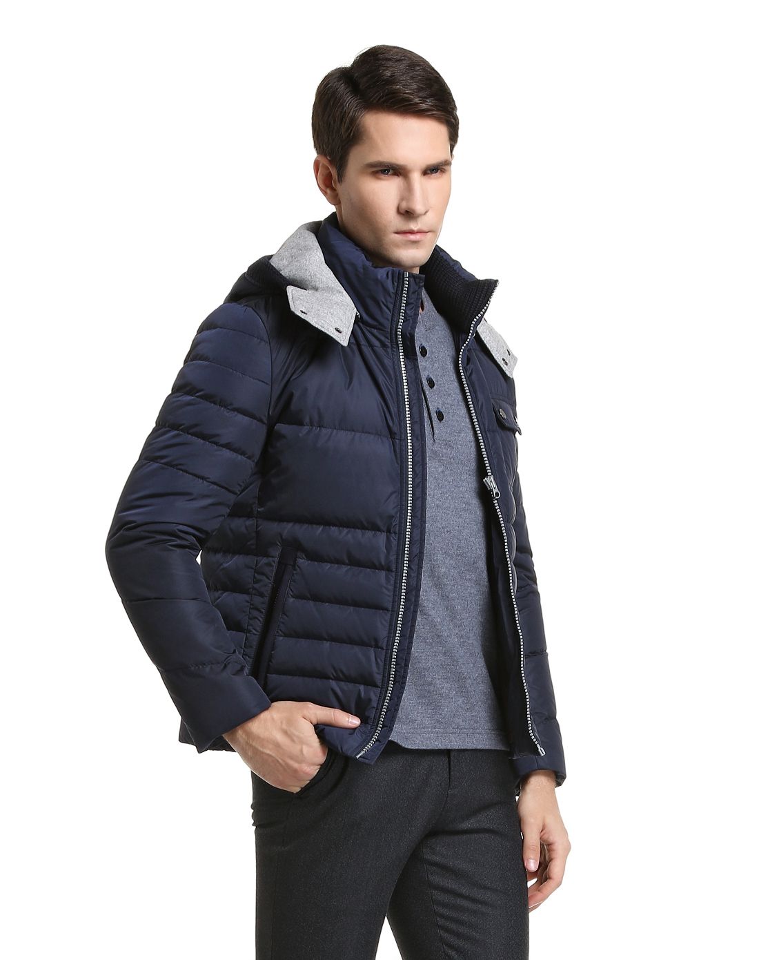 威斯康尼vskonne男装专场 深蓝色休闲连帽长袖羽绒服