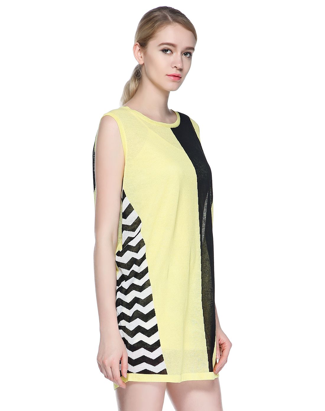 低价回馈-pesaro女装清仓专场黄/黑色优雅宽松无袖连衣裙4109-3052-34