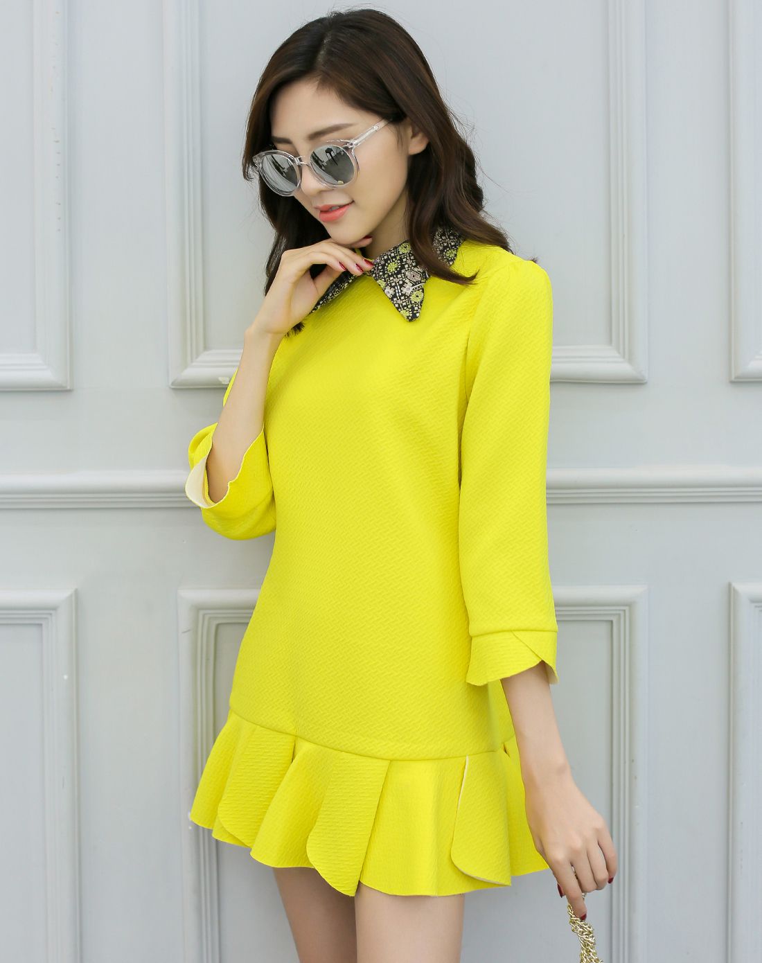 时尚小翻领假两件修腰连衣裙
