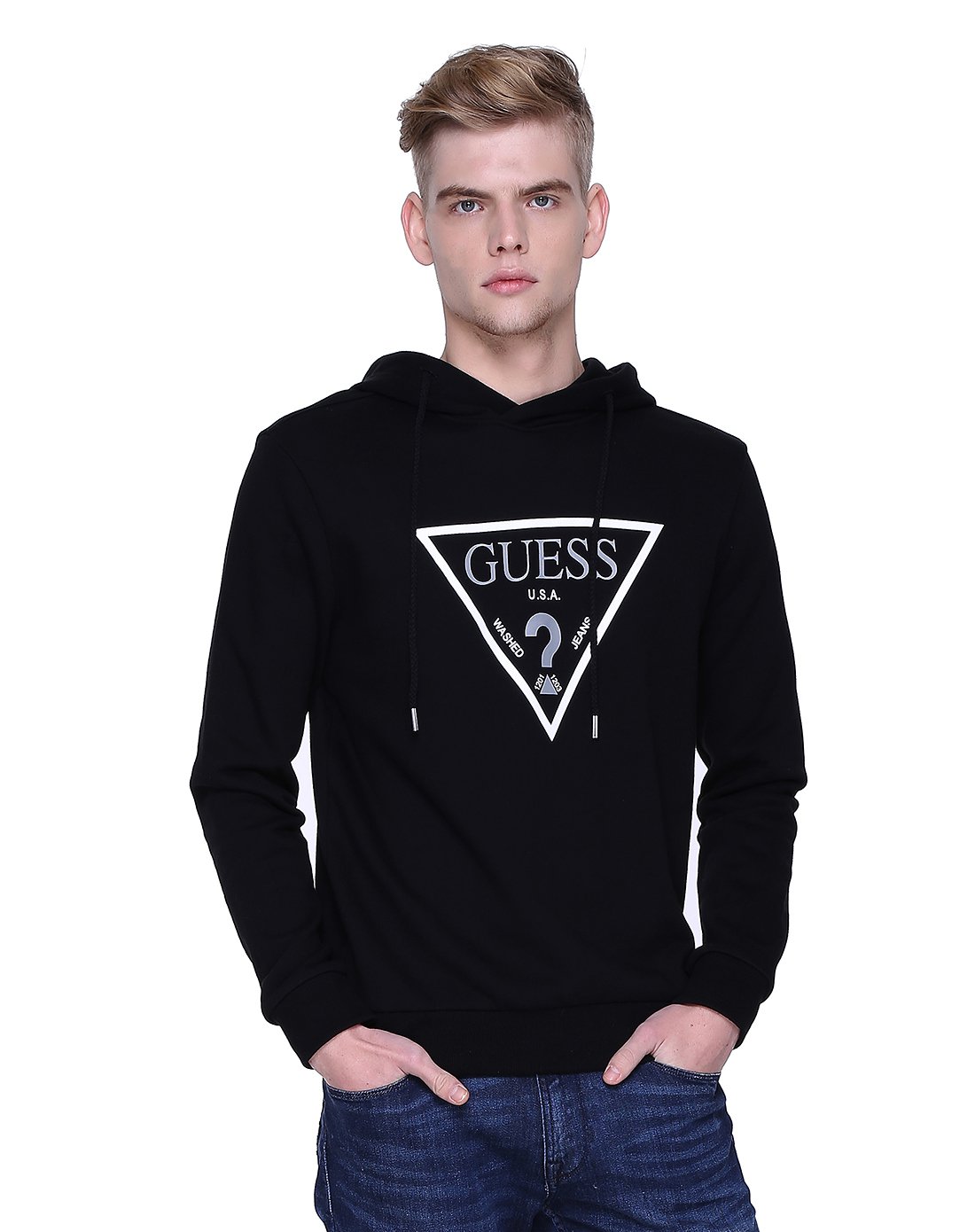 guess型格男装 2017春夏新品guess 17男士倒三角logo印花连帽系带纯棉