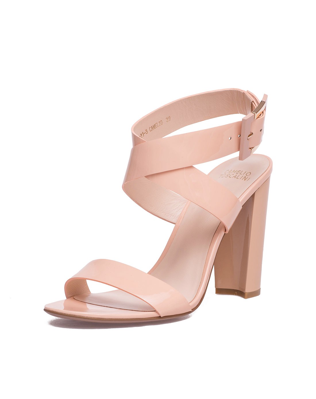 裸粉色牛漆皮粗高跟凉鞋
