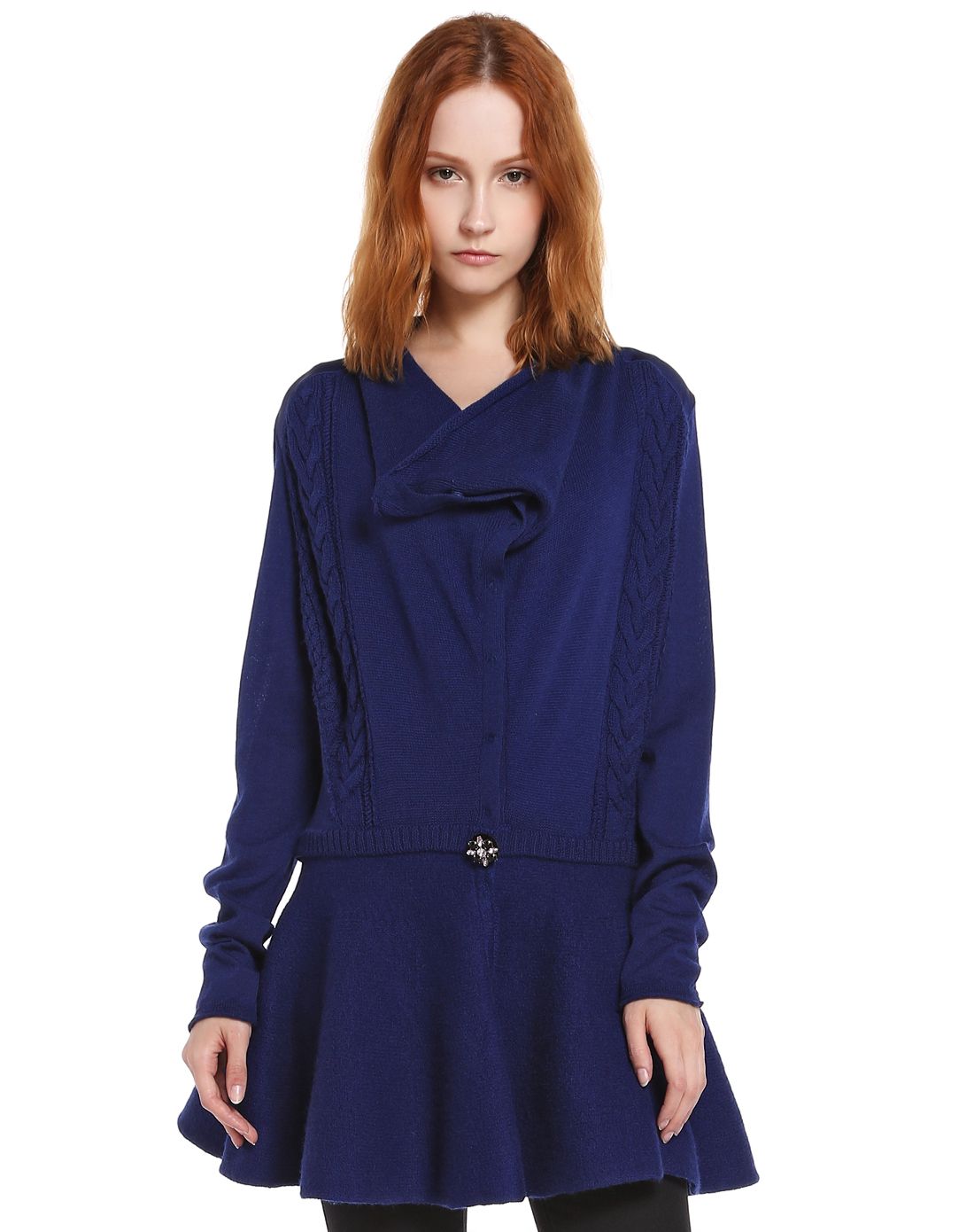 atsuro tayama女款蓝色经典粗呢编织长袖针织衫