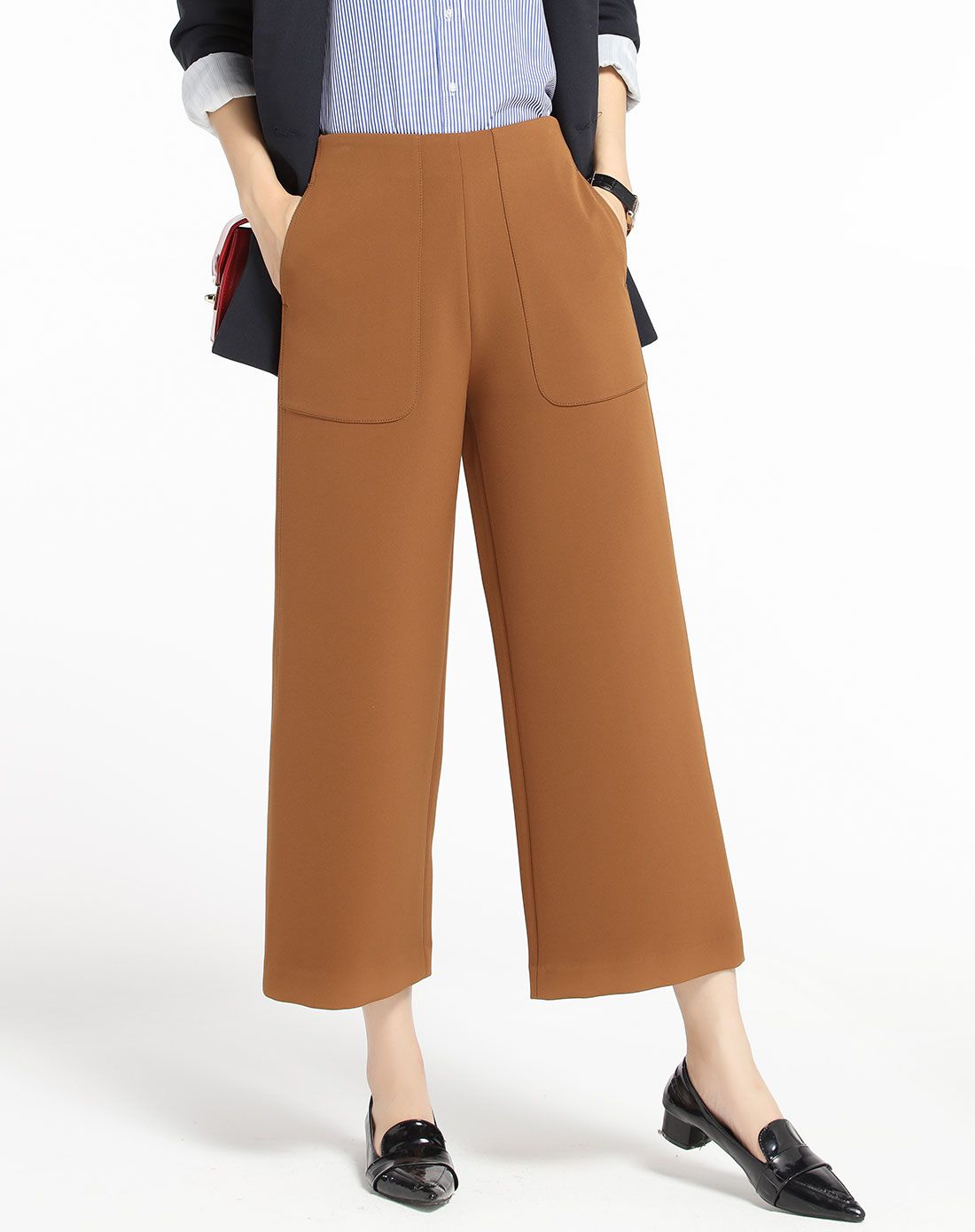 索菲丝尔裤子专场驼色时尚口袋九分阔腿裤qk6350916_唯品会