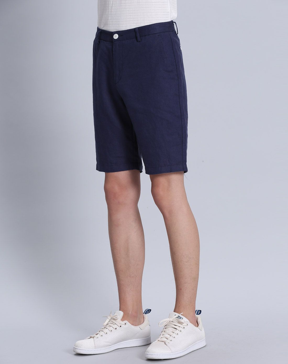 宝蓝男装亚麻撞色休闲中裤