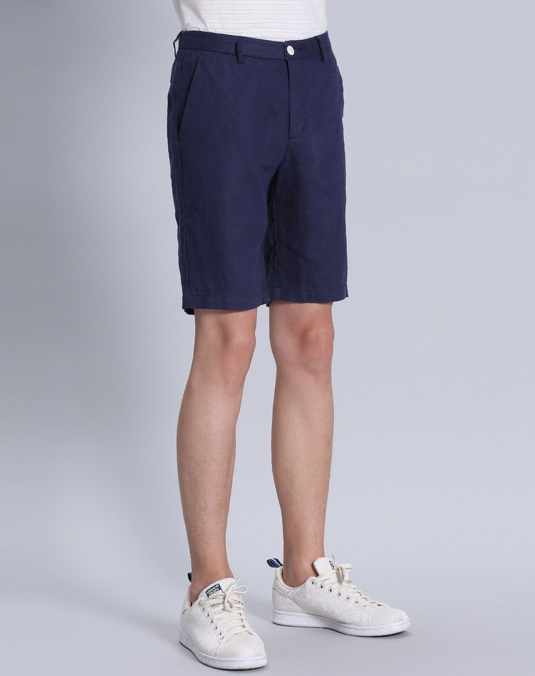 宝蓝男装亚麻撞色休闲中裤