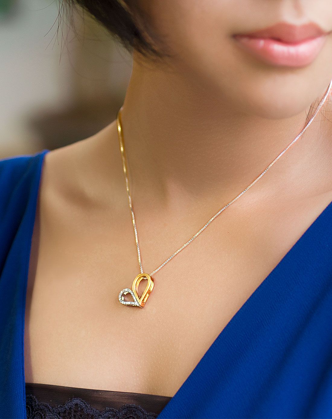 金至尊 18k金幸福女人玫瑰金双心钻石吊坠(定价/不含链)