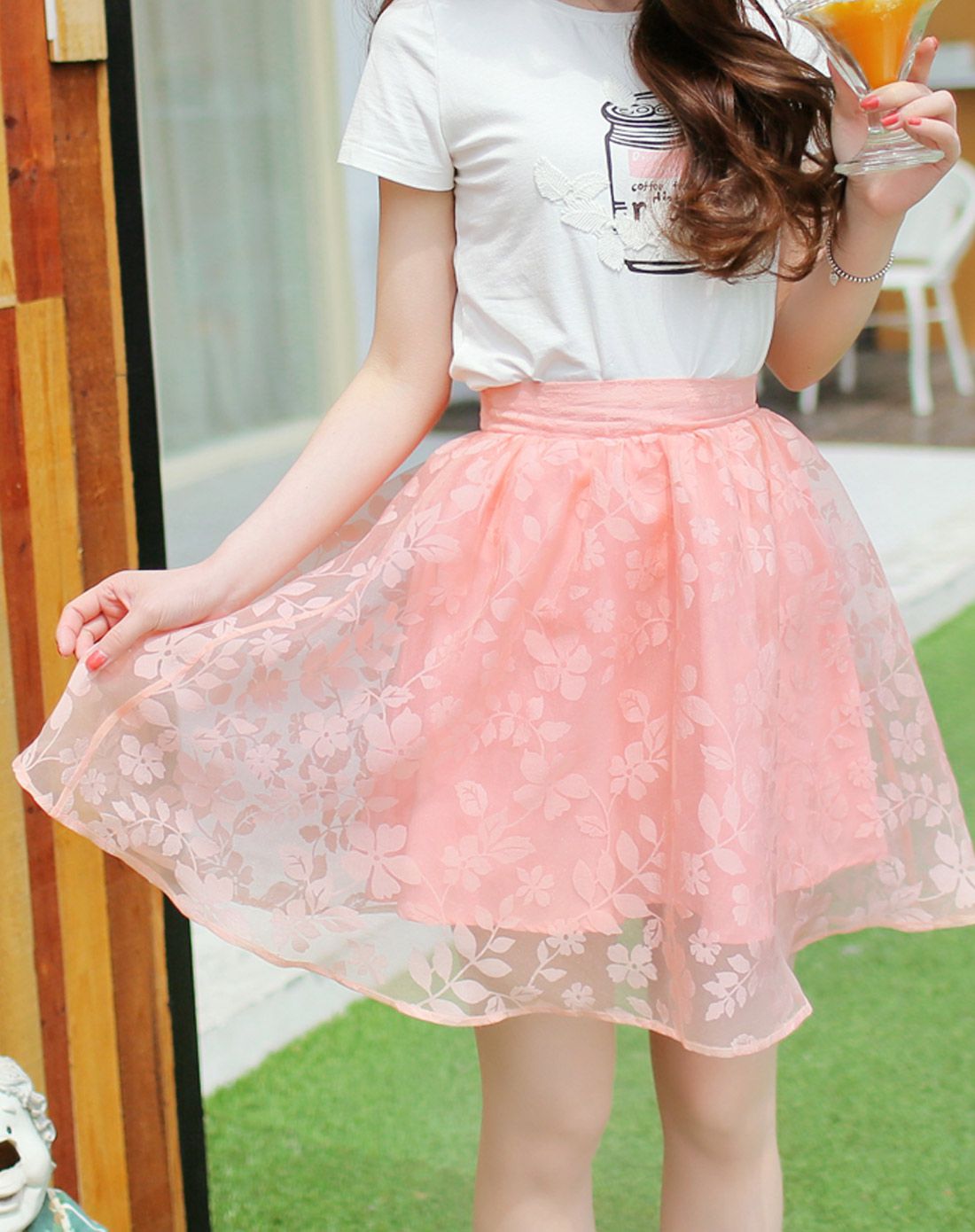 粉色高腰碎花蓬蓬裙a字半身裙