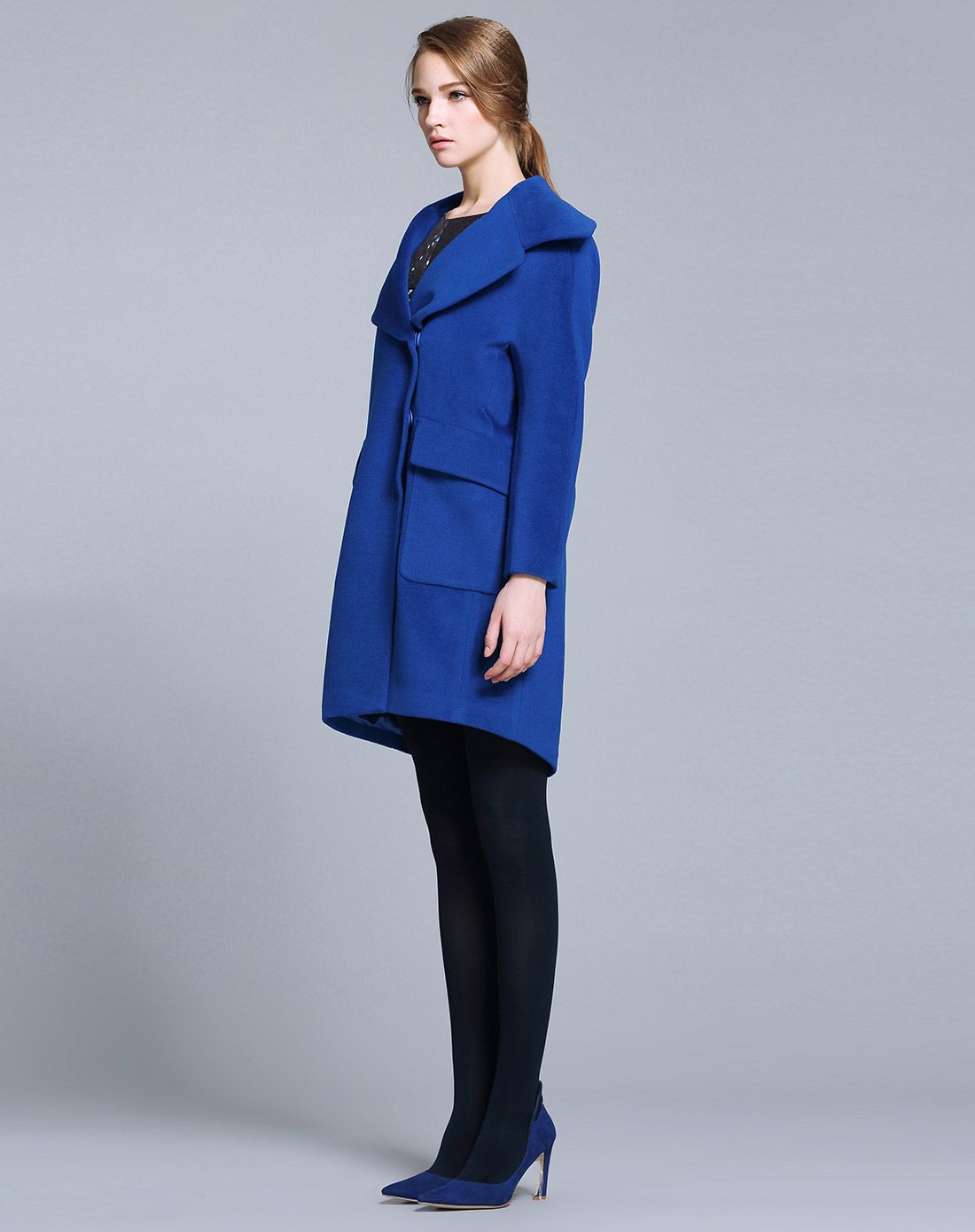 宝蓝色通勤气质长款长袖羊毛大衣